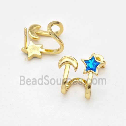 Copper Stud Earrings Pave Fire Opal Star Moon 18K Gold Plated