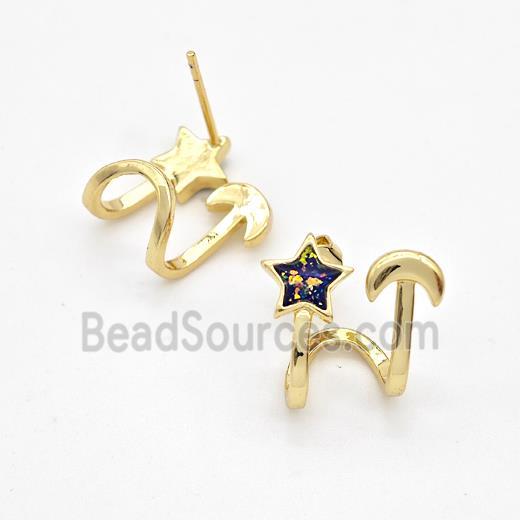 Copper Stud Earrings Pave Fire Opal Star Moon 18K Gold Plated