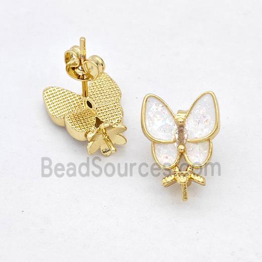 Copper Butterfly Stud Earrings Pave White Fire Opal 18K Gold Plated