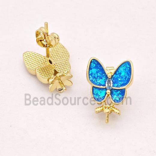 Copper Butterfly Stud Earrings Pave Blue Fire Opal 18K Gold Plated