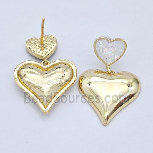 Copper Heart Stud Earrings Pave White Fire Opal 18K Gold Plated