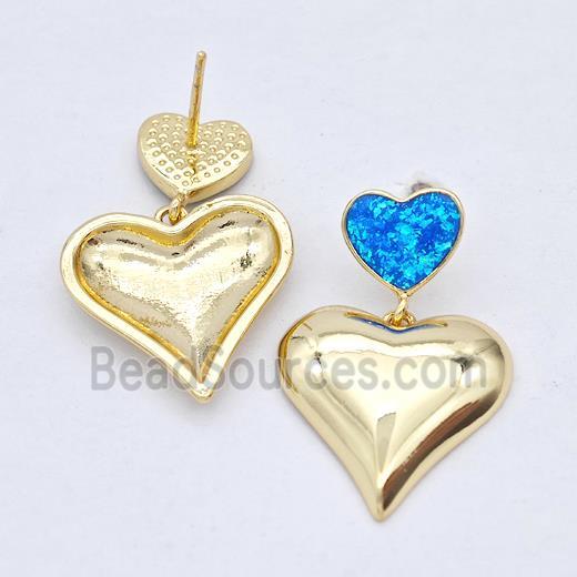 Copper Heart Stud Earrings Pave Blue Fire Opal 18K Gold Plated