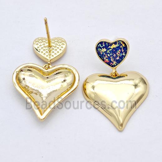 Copper Heart Stud Earrings Pave Fire Opal 18K Gold Plated