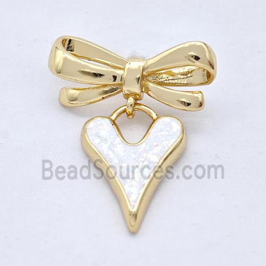 Copper Heart Stud Earrings Pave White Fire Opal Bow 18K Gold Plated