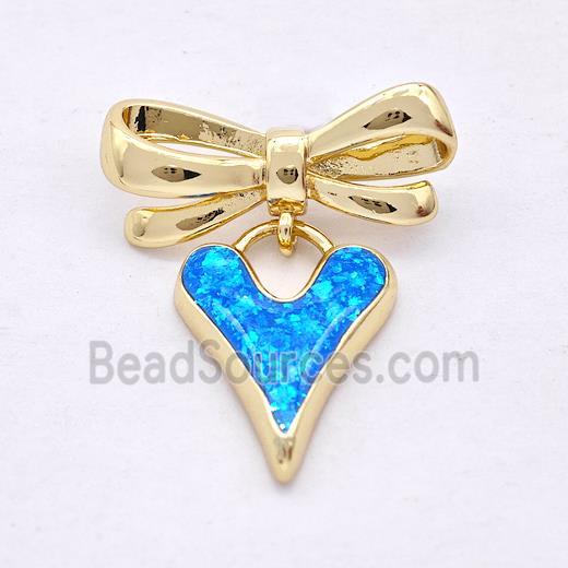 Copper Heart Stud Earrings Pave Blue Fire Opal Bow 18K Gold Plated