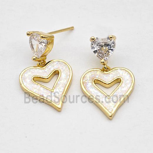 Copper Heart Stud Earrings Pave White Fire Opal 18K Gold Plated