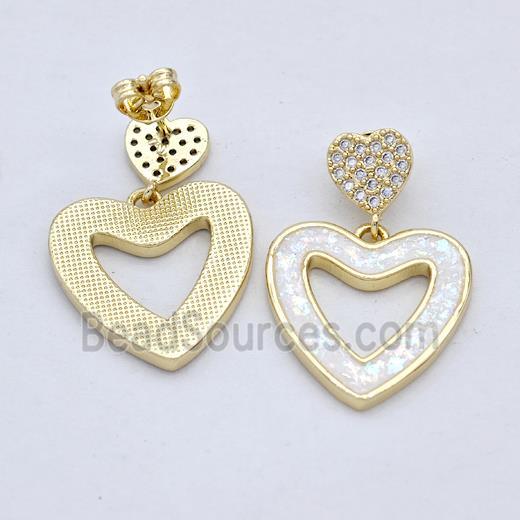 Copper Heart Stud Earrings Pave White Fire Opal Zirconia 18K Gold Plated