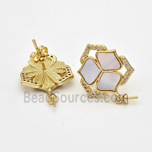 Copper Flower Stud Earrings Pave Shell Zirconia 18K Gold Plated