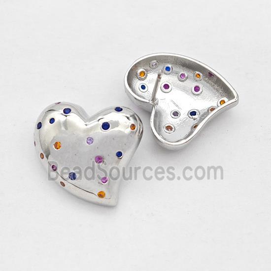 Copper Heart Stud Earring Micro Pave Zirconia Platinum Plated