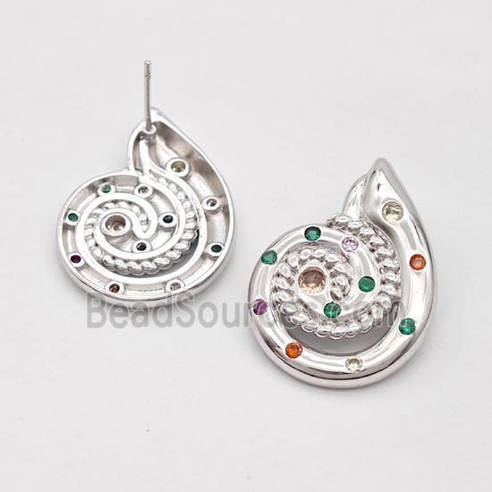 Copper Stud Earrings Micro Pave Zirconia Nautilus Shell Platinum Plated