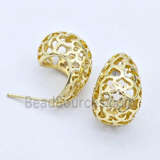 Copper Teardrop Stud Earrings Hollow Gold Plated