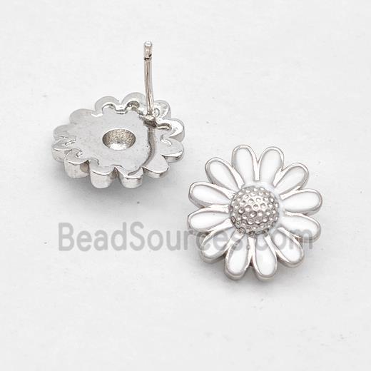 Copper Sunflower Stud Earrings White Enamel Platinum Plated