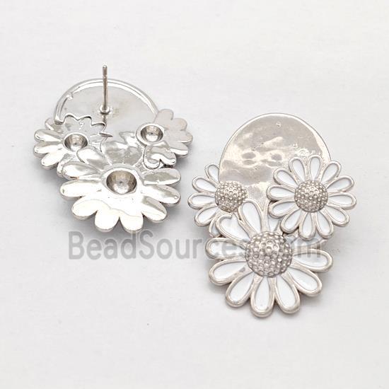 Copper Sunflower Stud Earrings White Enamel Platinum Plated