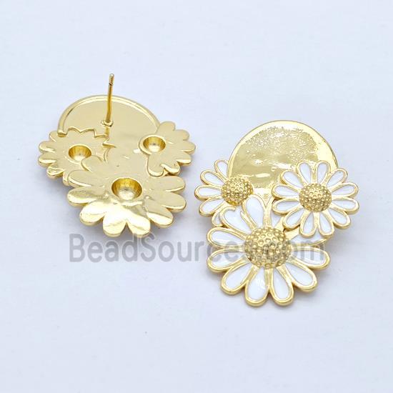 Copper Sunflower Stud Earrings White Enamel Gold Plated