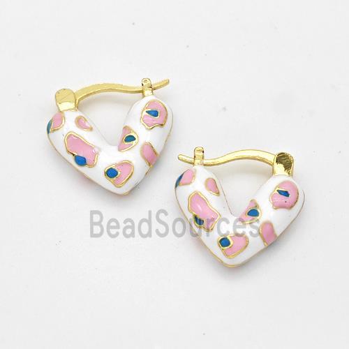 Copper Latchback Earrings Heart White Enamel Gold Plated