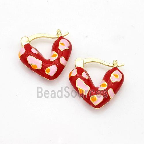 Copper Latchback Earrings Heart Red Enamel Gold Plated