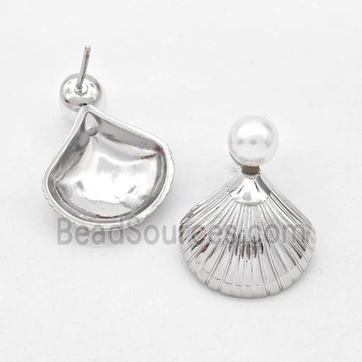 Copper Stud Earring Pave Pearlized Plastic Scallop Shell Platinum Plated