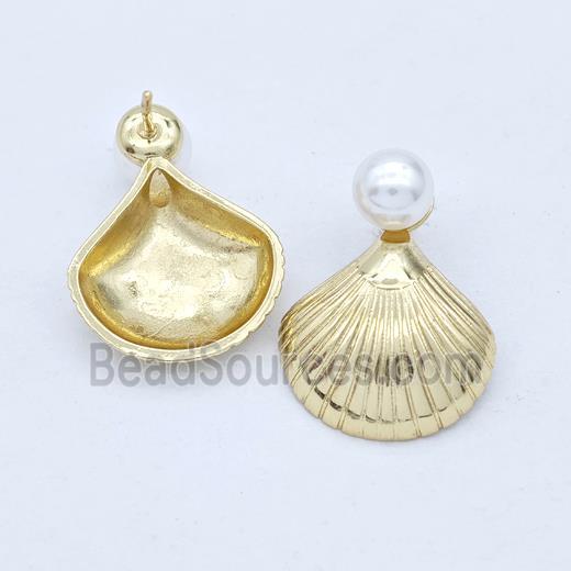 Copper Stud Earring Pave Pearlized Plastic Scallop Shell Gold Plated