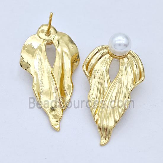 Copper Angel Wings Stud Earrings Pave Pearlized Plastic Gold Plated