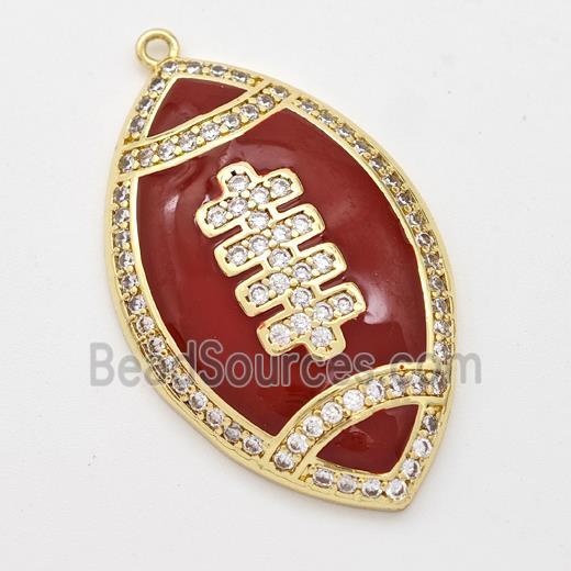 American Football Charms Copper Rugby Pendant Pave Zirconia Red Enamel Sport Gold Plated