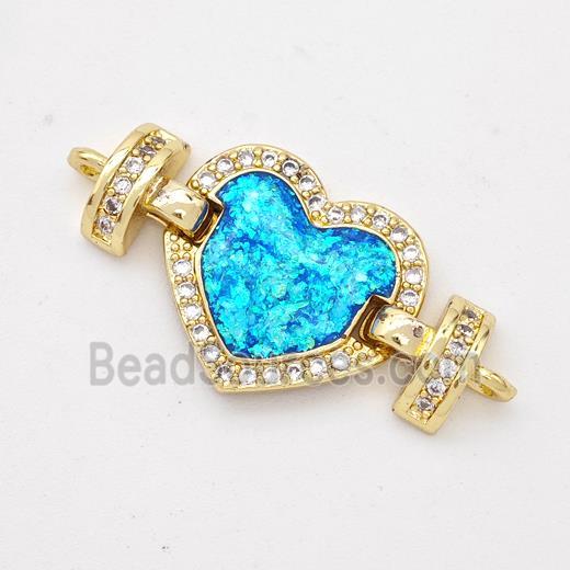 Copper Connector Pave Blue Fire Opal Zirconia Heart 18K Gold Plated