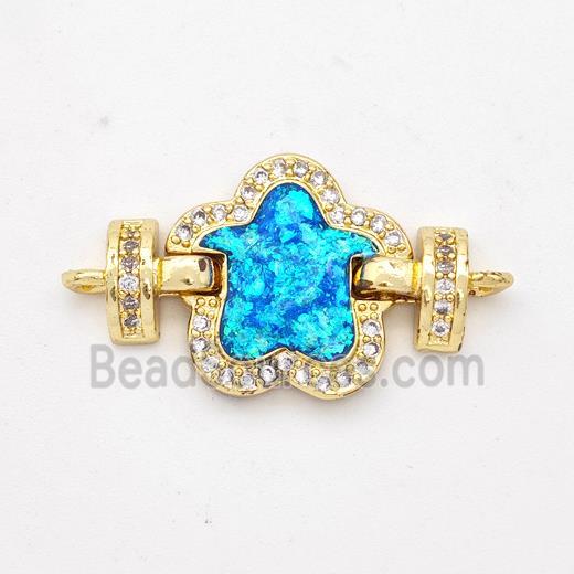 Copper Connector Pave Blue Fire Opal Zirconia Flower 18K Gold Plated