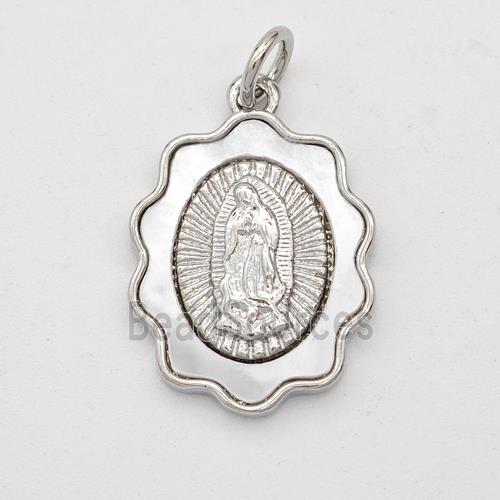 Virgin Mary Charms Copper Pendant Pave Shell Platinum Plated