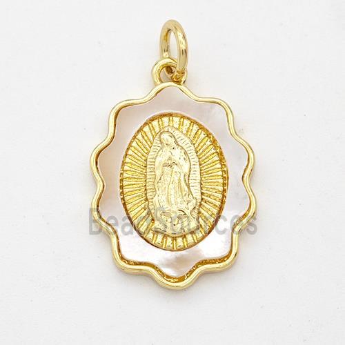 Virgin Mary Charms Copper Pendant Pave Shell Gold Plated