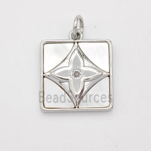 Copper Square Pendant Pave Shell Clover Platinum Plated