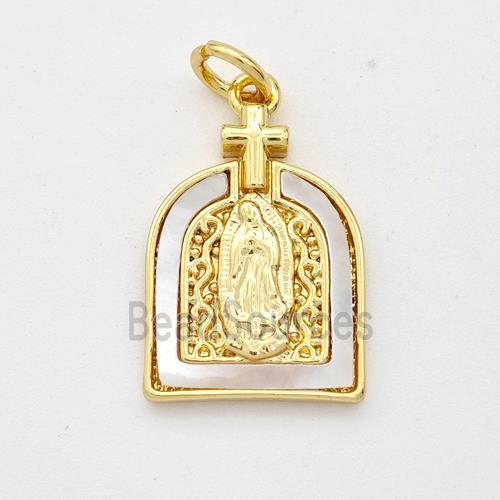 Virgin Mary Charms Copper Pendant Pave Shell Gold Plated