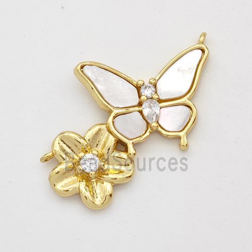 Copper Butterfly Pendant Pave Shell Zirconia Flower 2loops 18K Gold Plated