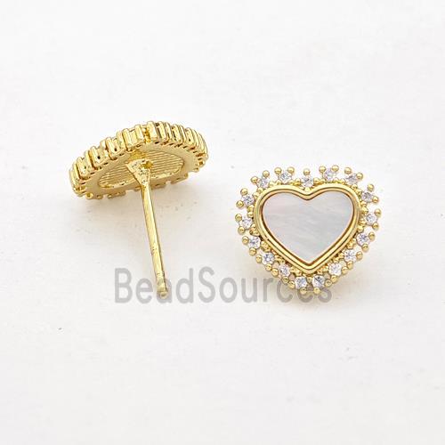 Copper Heart Stud Earrings Pave Shell Zirconia 18K Gold Plated