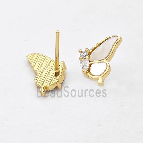 Copper Butterfly Stud Earrings Pave Shell Zirconia 18K Gold Plated