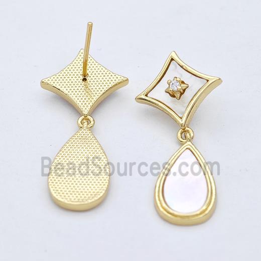 Copper Teardrop Stud Earrings Pave Shell 18K Gold Plated