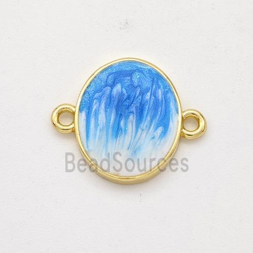 Copper Oval Connector Blue Painted 18K Gold Plated