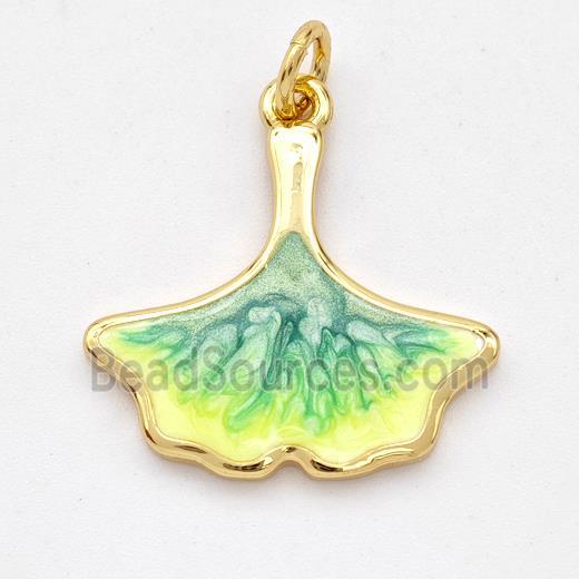 Copper Ginkgo-Leaf Pendant Yellowgreen Painted 18K Gold Plated