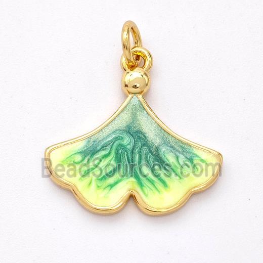 Copper Ginkgo-Leaf Pendant Yellowgreen Painted 18K Gold Plated