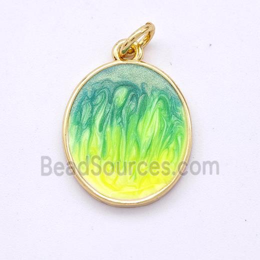 Copper Oval Pendant Yellowgreen Painted 18K Gold Plated