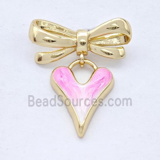 Copper Bowknot Heart Pendant Pink Painted 18K Gold Plated