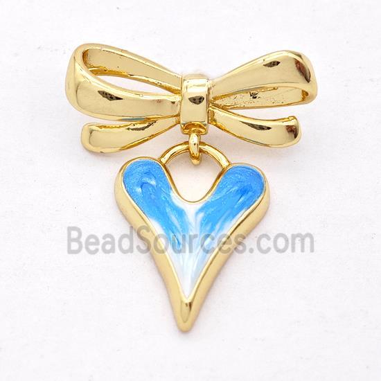 Copper Bowknot Heart Pendant Blue Painted 18K Gold Plated