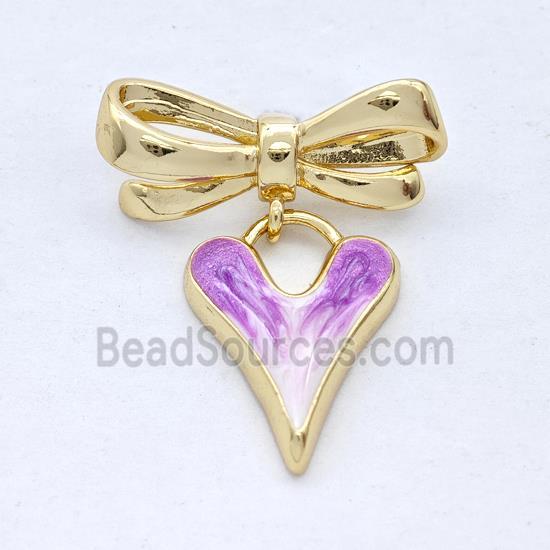 Copper Bowknot Heart Pendant Purple Painted 18K Gold Plated