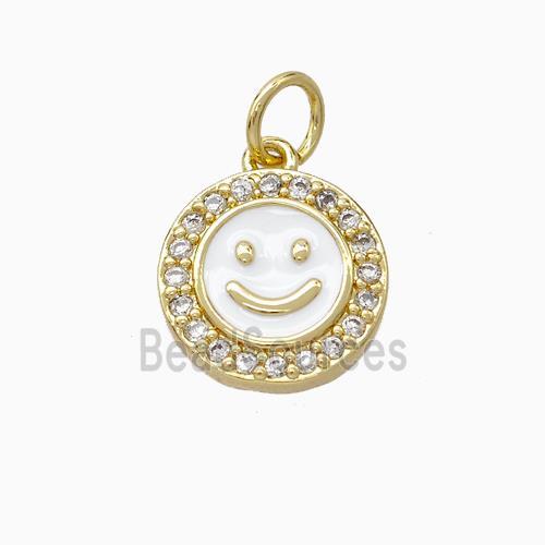 Copper Emoji Pendant Pave Zirconia White Enamel Smile Face Gold Plated