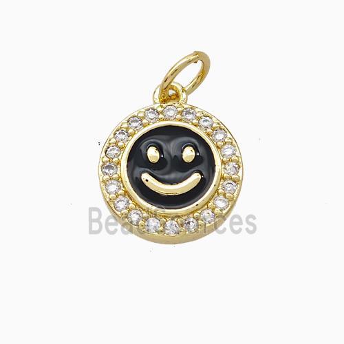 Copper Emoji Pendant Pave Zirconia Black Enamel Smile Face Gold Plated