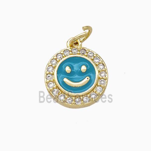 Copper Emoji Pendant Pave Zirconia Teal Enamel Smile Face Gold Plated