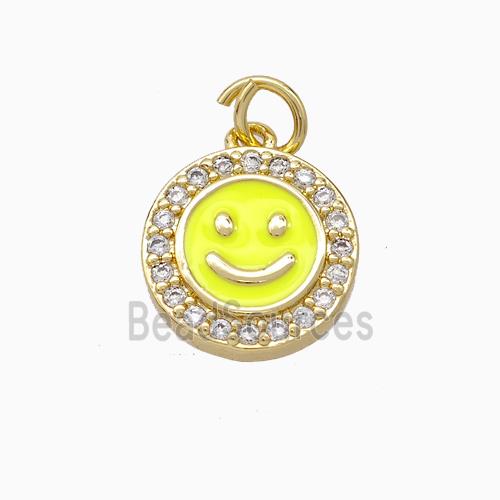 Copper Emoji Pendant Pave Zirconia Yellow Enamel Smile Face Gold Plated