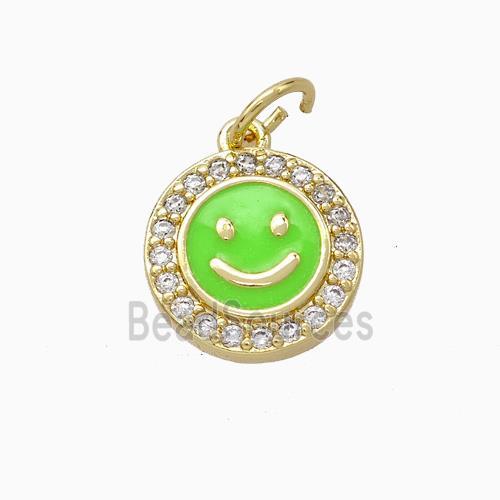 Copper Emoji Pendant Pave Zirconia Green Enamel Smile Face Gold Plated