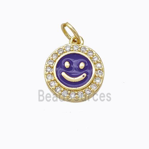 Copper Emoji Pendant Pave Zirconia Purple Enamel Smile Face Gold Plated