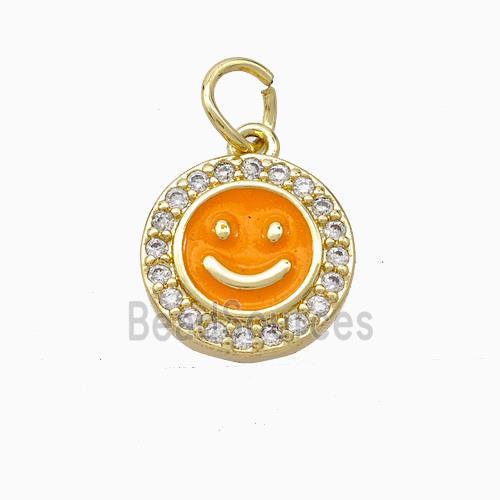 Copper Emoji Pendant Pave Zirconia Orange Enamel Smile Face Gold Plated