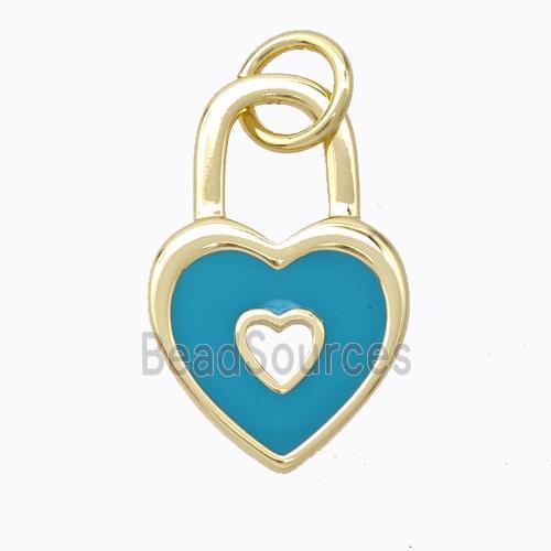 Copper Heart Lock Pendant Teal Enamel Gold Plated