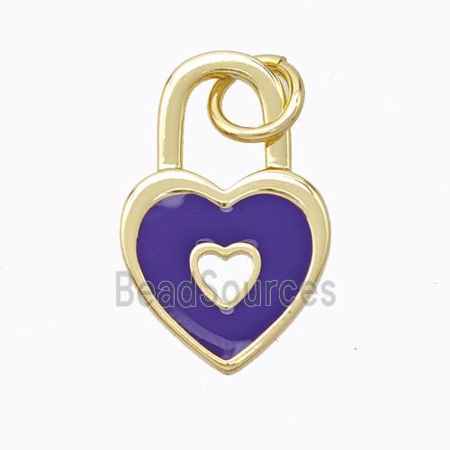 Copper Heart Lock Pendant Purple Enamel Gold Plated